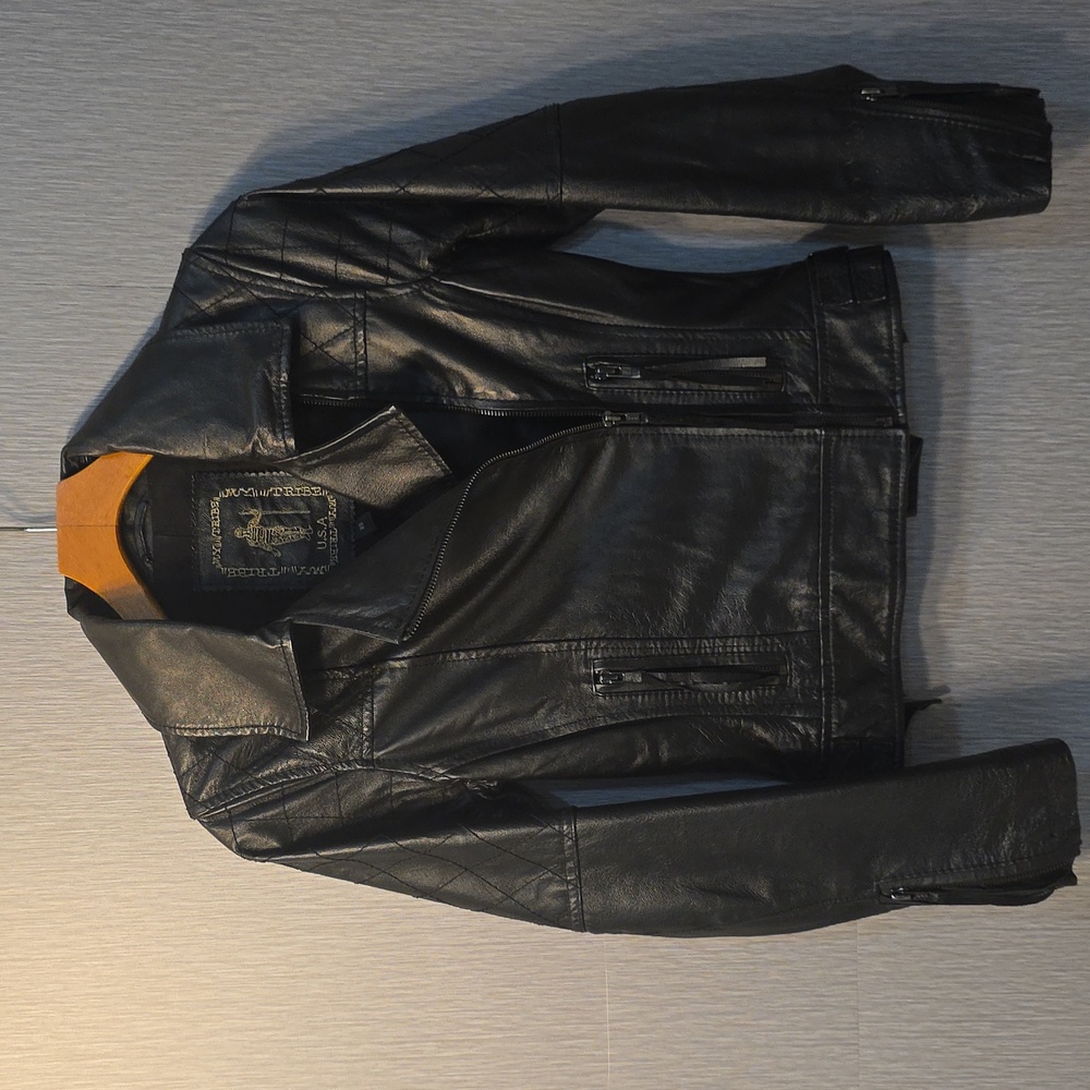 Leather Black My Tribe Biker Jacket Quileted Stitching Zippered Cuffs, Pockets